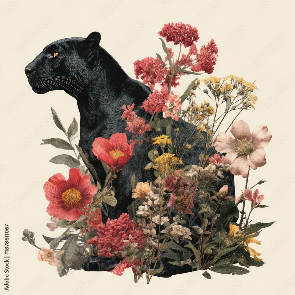 Fototapeta premium Panther surrounded by vibrant flowers.