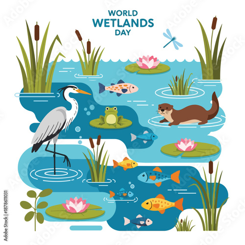 A colorful illustration of wetland creatures