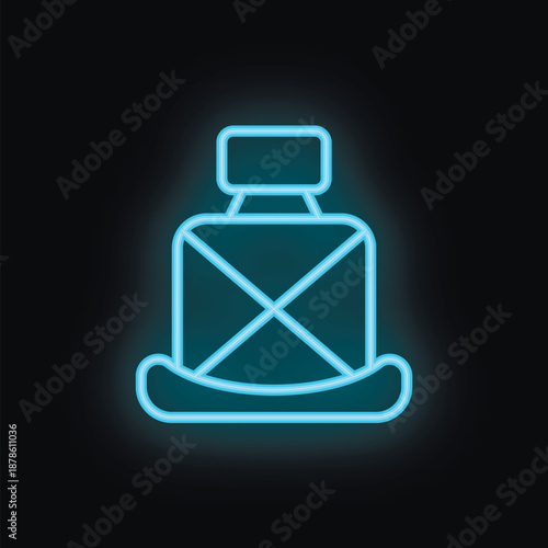 Blue neon icon of a car seat with seatbelt fastened, glowing on a black background