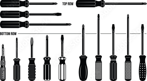 Screwdriver tools silhouette collection, flat and Phillips head types, hand tool set hardware repair vector illustration black white