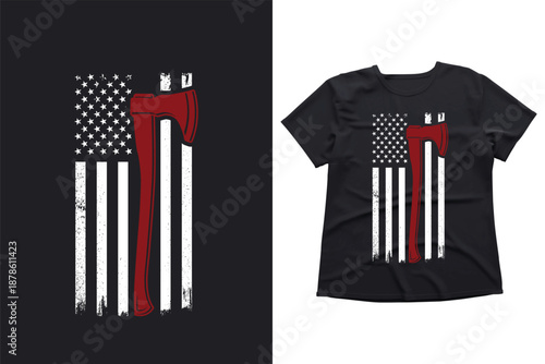 Firefighter Thin Red Line American Flag with Fire Axe, Patriotic First Responder Vector Illustration for T-Shirt Design