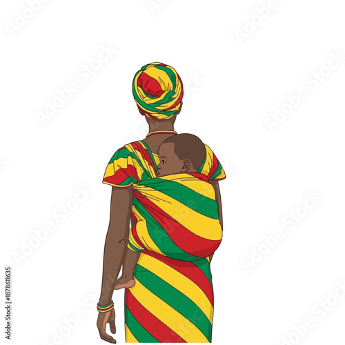 Illustration of an african mother wearing a traditional brightly colored headwrap and dress carrying her baby in a sling on transparent background