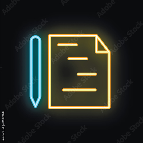 Glowing neon icon of a pen writing on a sheet of paper, representing the concept of writing