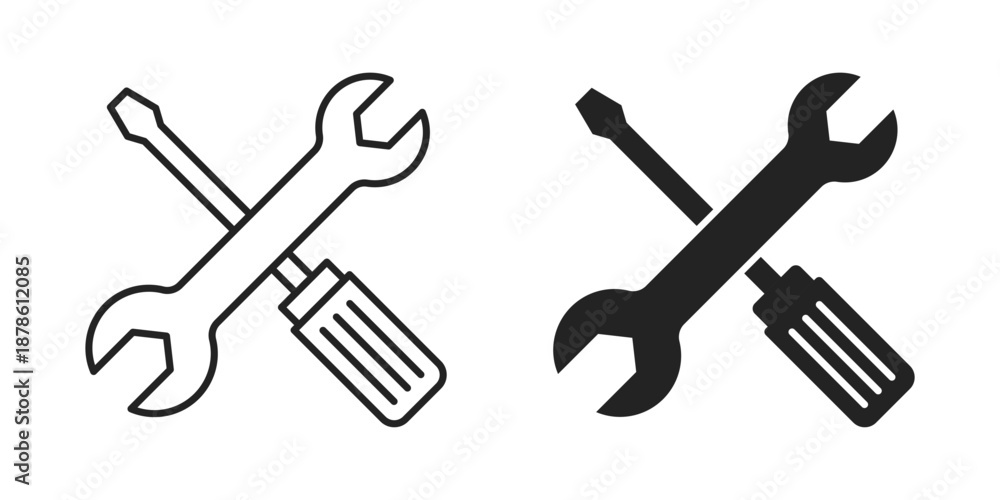 Fototapeta premium Wrench and screwdriver icon in flat style. Spanner vector illustration on isolated background. Engineering equipment sign business concept.