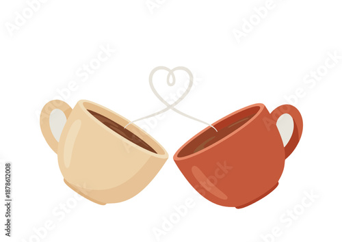Charming illustration of two coffee cups connected by a heart-shaped steam on a white background