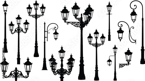 Vintage street lamp silhouettes collection, classic outdoor lantern posts, antique city lighting elements, elegant urban decoration illustration set