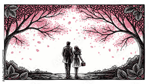 Romantic couple walking under blossoming cherry trees in spring illustration
