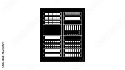 Front view of a black server rack with multiple network switches and patch panels.