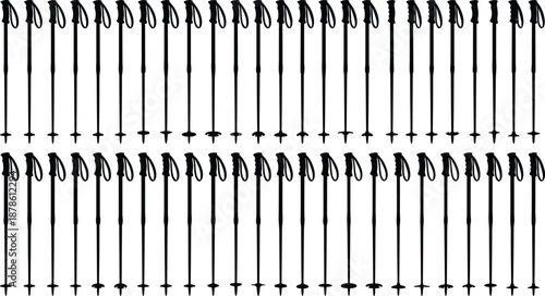 Walking stick trekking pole seamless pattern design, black silhouette hiking canes repeating background for outdoor travel vector illustration