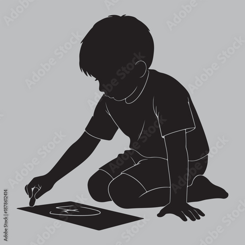 Child Drawing on Floor Silhouette vector design art and illustration