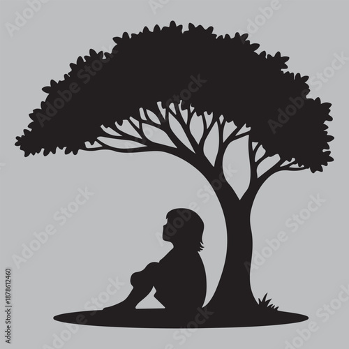 Child Sitting Under Tree Silhouette Peaceful Scene vector design art and illustration