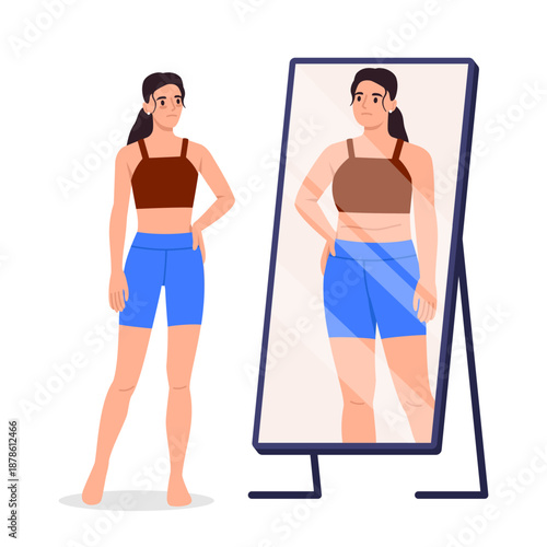 Vector illustration of a beautiful girl who does not accept her figure. Cartoon scene of a sad slim girl in a tank top, sporty shorts looking in the mirror and feeling fat isolated on a white