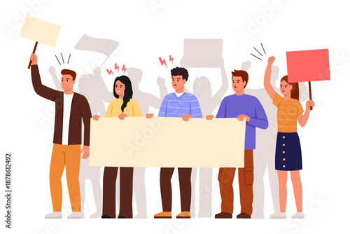 Vector illustration of a dissatisfied crowd of people at a rally. Cartoon scene of irritated, angry men and women standing with posters, shouting, with raised hands isolated on white background.