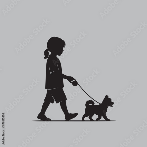 Little Girl Walking Dog on Leash Silhouette vector design art and illustration