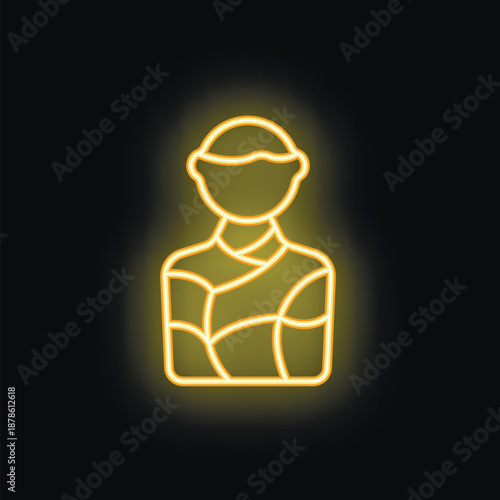 Yellow neon icon representing an injured person with bandages, symbolizing medical care and recovery