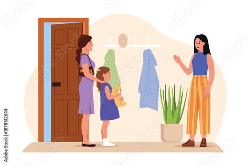 Vector illustration of coming to visit. Cartoon scene of mother and daughter coming to visit, girl greeting, hallway, door, outerwear hanging on hangers, flowerpot isolated on white background.