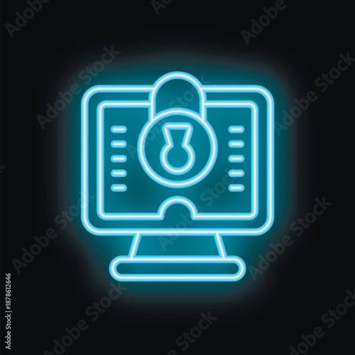 Neon blue icon depicting a computer system being secured by a padlock, symbolizing online safety and data protection