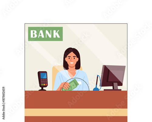 Vector illustration of a bank cashier. Cartoon scene of a smiling woman sitting in a chair, holding banknotes, computer, pen, payment terminal isolated on white background. Banking operations.