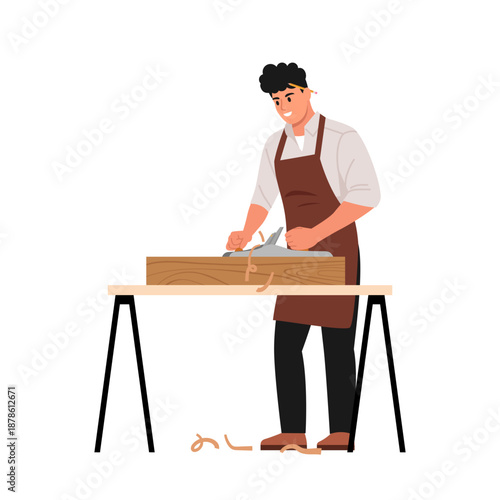 Vector illustration of a talented master carpenter. Cartoon scene of a smiling carpenter using an electric sander on wood, table, wood shavings, pencil behind the ear isolated on white background.