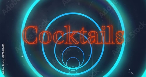 Animation of neon orange cocktail text banner over circular tunnel in seamless pattern