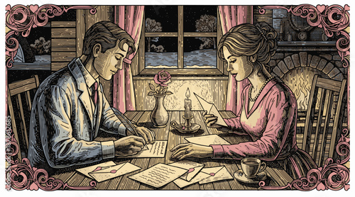 Vintage Couple Writing Letters by Candlelight in Cozy Room