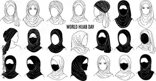Black and White Line Art Set of Muslim Women Hijabs  Headscarves. Diverse Islamic Fashion Styles for World Hijab Day, Culture  Diversity.