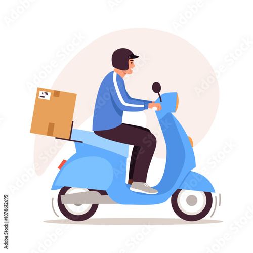 Vector illustration of a parcel delivery man on a scooter. Cartoon scene of a young guy in a protective helmet riding a scooter with a cardboard box isolated on a white background. Courier delivery.
