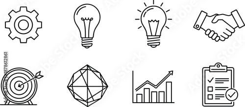 Business strategy and innovation line icons set showing ideas, settings, partnership, target goals, analytics growth, planning, and success concepts