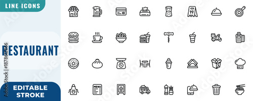 Restaurant icon set. Editable Stroke Vector Set. Line Icon.