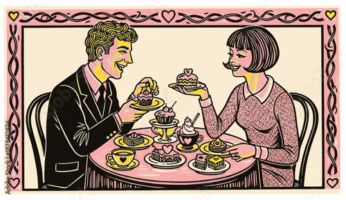 Retro couple enjoying tea and desserts in vintage cafe setting