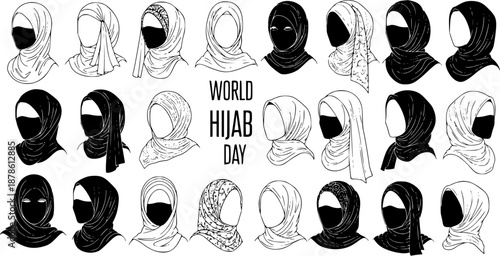 Diverse Hijab Styles Black and White Line Art World Hijab Day Muslim Women Fashion Vector