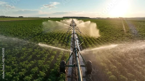 Aerial view of a center pivot irrigation system watering a lush green agricultural field at sunrise, summer farming