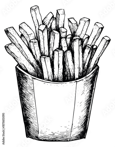 Hand drawn line art illustration of french fries depicting a serving in a carton for fast food designs