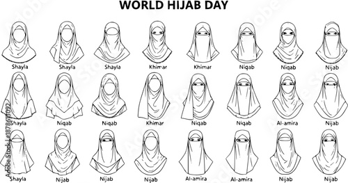 World Hijab Day illustration of diverse Islamic veiling styles in black and white line art