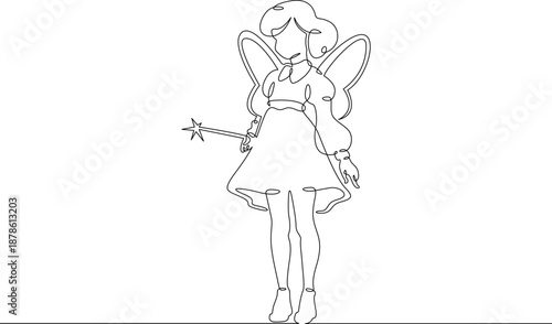 Continuous single line drawing girl dressed as a fairy. Girl with wings and a magic wand. Costume for the holiday.Linear.One continuous line isolated minimalist illustration. Not AI.