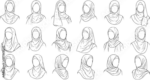 Black and White Line Art Collection of Diverse Hijab Styles for Fashion and Cultural Representation
