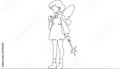 Continuous single line drawing girl dressed as a fairy. Girl with wings and a magic wand. Costume for the holiday.Linear.One continuous line isolated minimalist illustration. Not AI.