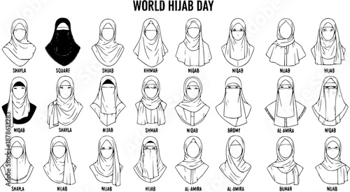 Black and White Line Art Illustration of World Hijab Day Styles: A Collection of Various Hijab and Niqab Types