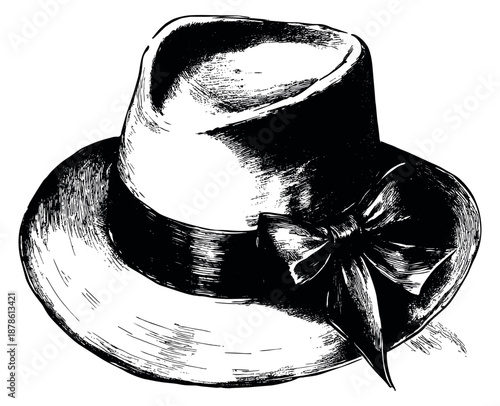 Hand drawn line art illustration of a fedora hat depicting its classic design with a ribbon and bow for fashion and apparel