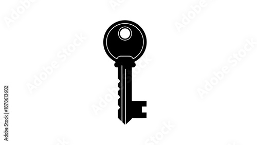 Simple black silhouette of a classic metal key on white background.