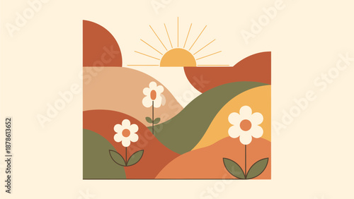 Stylized landscape with abstract hills and flowers at sunrise.