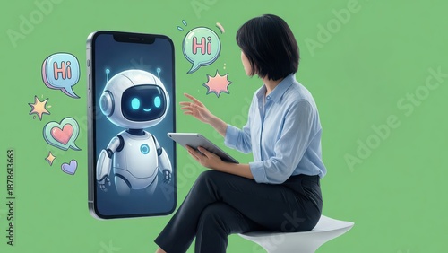Woman gesturing to friendly ai assistant on smartphone screen with chat bubbles, language technology, ai translation