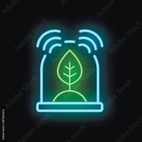 Neon sign illustrating the concept of smart farming with a plant receiving signals, symbolizing technological advancements in agriculture