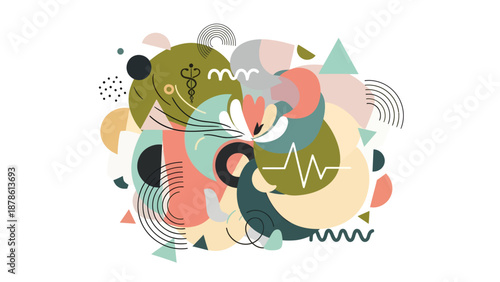 Abstract colorful shapes and patterns in a vibrant composition.