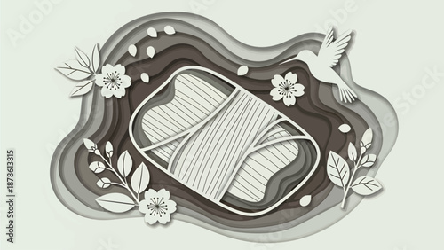 Sanitary pad with flowers and dove illustration.