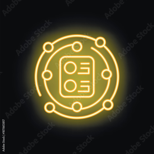 Yellow glowing neon icon of a data integration system, representing the concept of data centralization