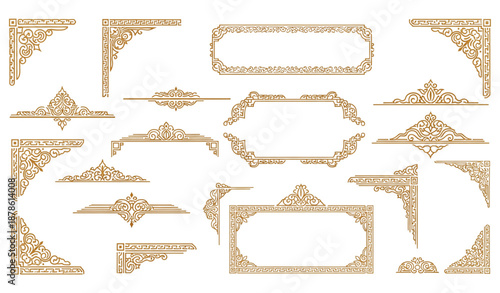 Antique asian golden borders and frames oriental vintage ornament set