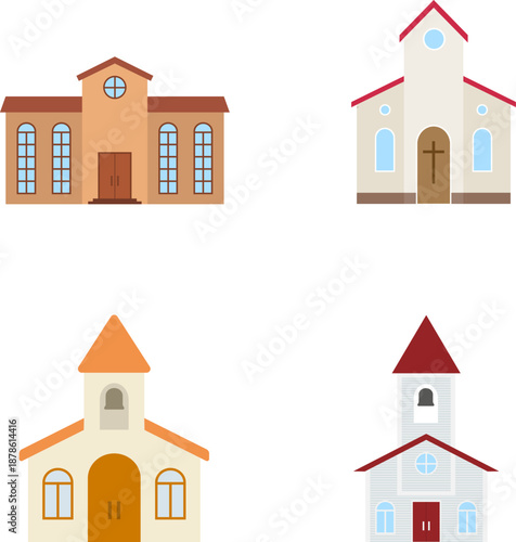 Religious cathedral, church, Catholic temple, set of Orthodox churches. Vector, cartoon illustration, poster, postcard. Vector