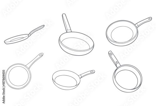 Frying Pan Line Icon Set Vector Skillet Cookware Outline Collection.