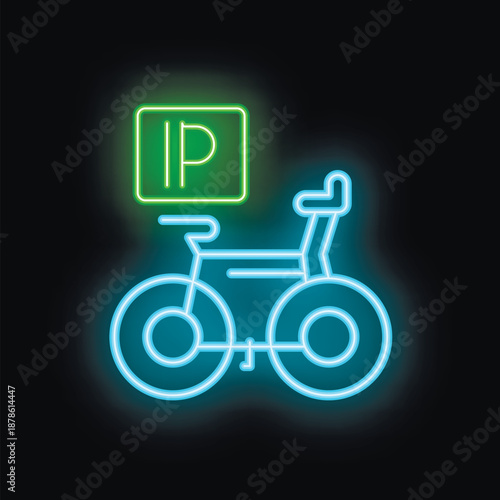 Glowing neon sign depicting bicycle parking with a bright illuminated symbol on a dark background